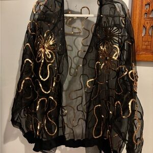 Vintage Sheer Black Jacket with Gold Sequin Floral Pattern